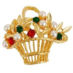 Signed Gerry’s Vintage 1960s Basket Brooch with Pearls Rhinestones Gold Tone Pin
